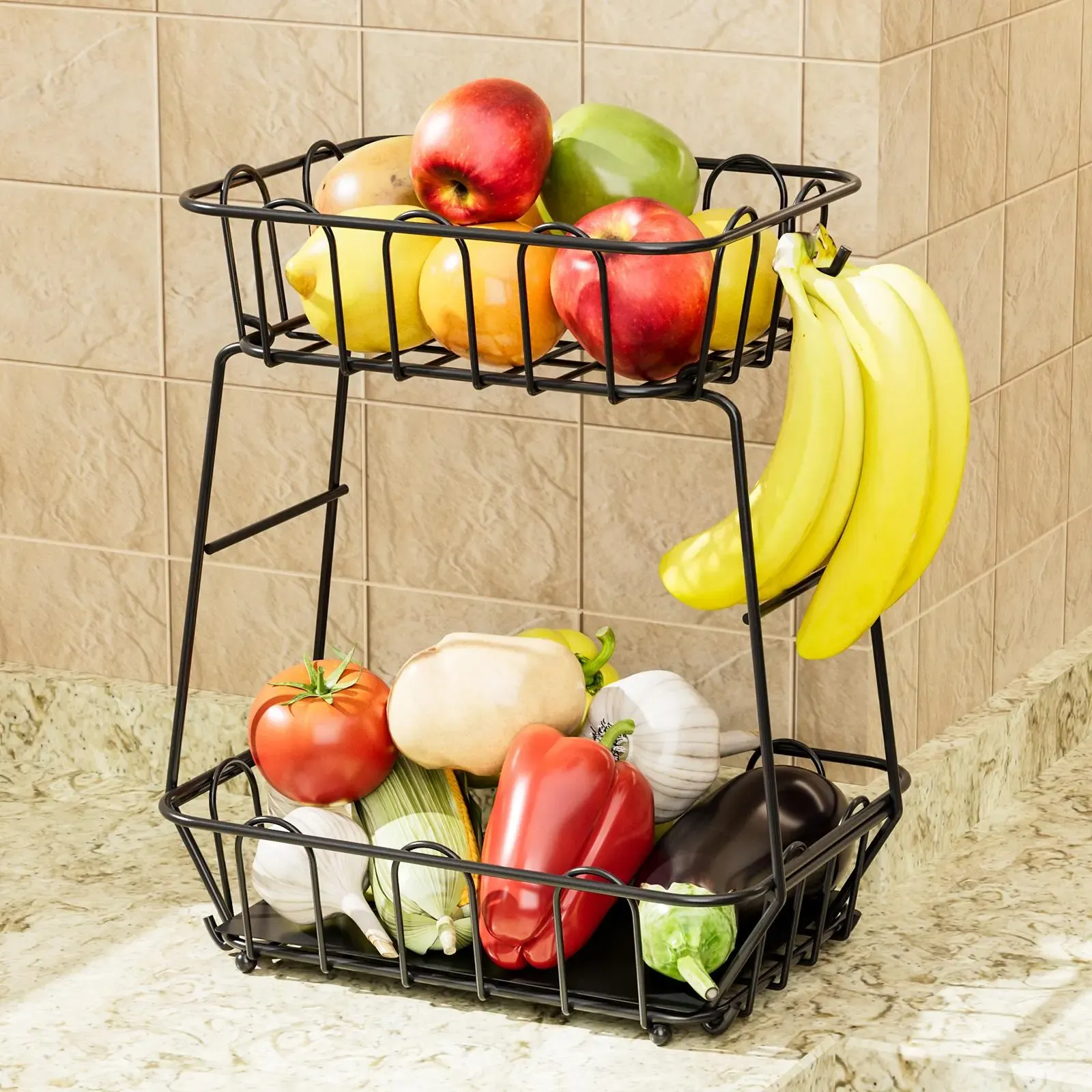 Kitchen Fruit and Vegetable Storage Rack2-Tier Metal Storage Basket with Hooks Fruit Basket for Kitchen Counter, Multifunctional Household Organiser Interior Storage Organizer Storage Rack for Kitchen and Bathroom GLOBAL PICKS
