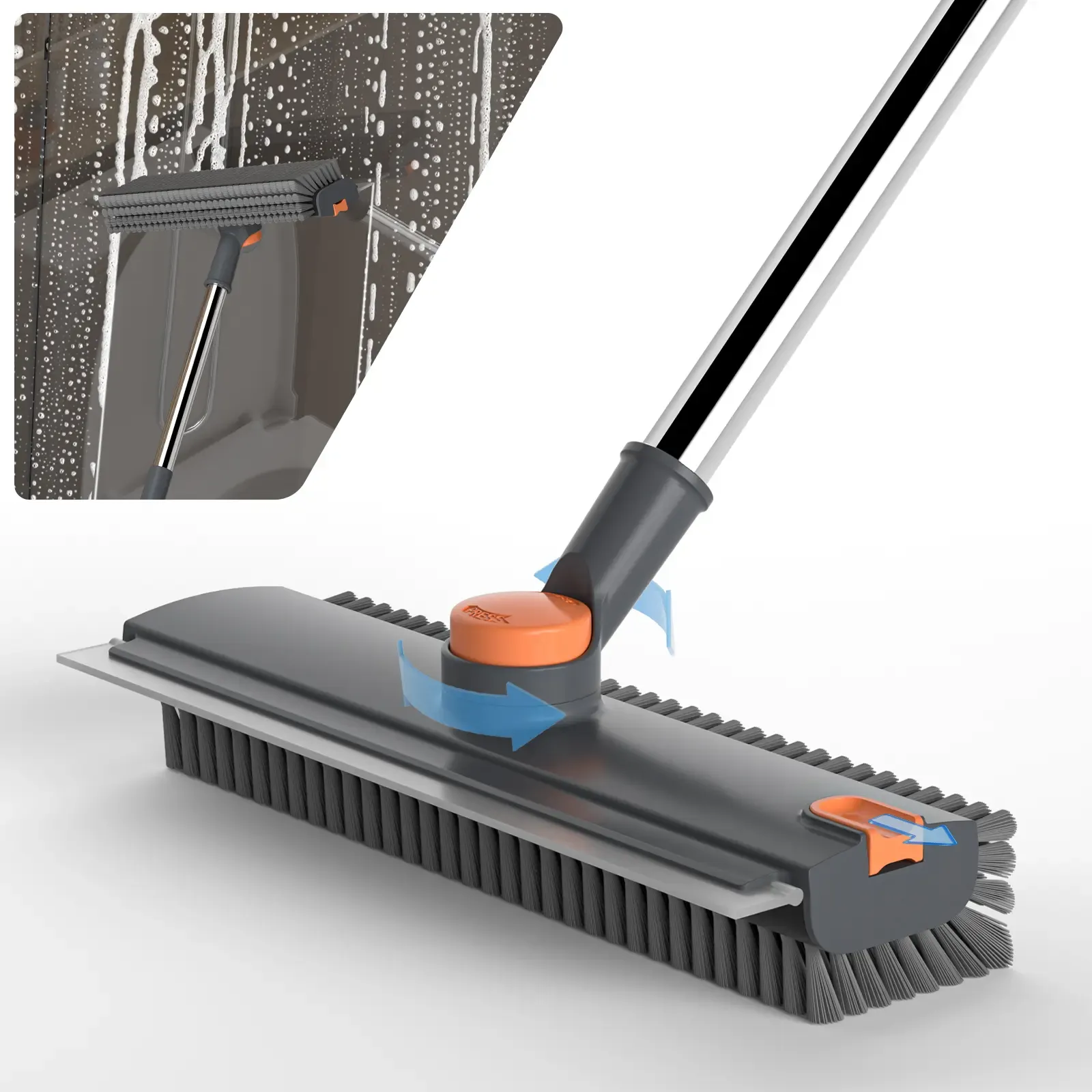 Heavy Duty 4-in-1 Rotatable Long Handle Floor Scrub Brush with Squeegee Blade - Adjustable Stainless Steel Handle, 360° Bristles, Smooth Multi-Surface House Cleaning Tool for Tile, Glass - Home Supplies