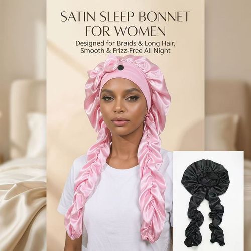 Satin Sleep Bonnet for Braids Long Hair, Soft Silky Night Hair Cap with Adjustable Button, Hair Protection Bonnet for Women Sleeping