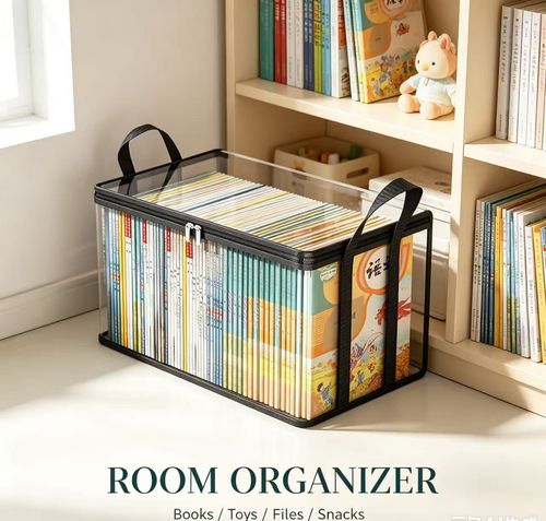 4 Pack Transparent Foldable Storage Box with Handle, Clear Book & File Organizer Bin