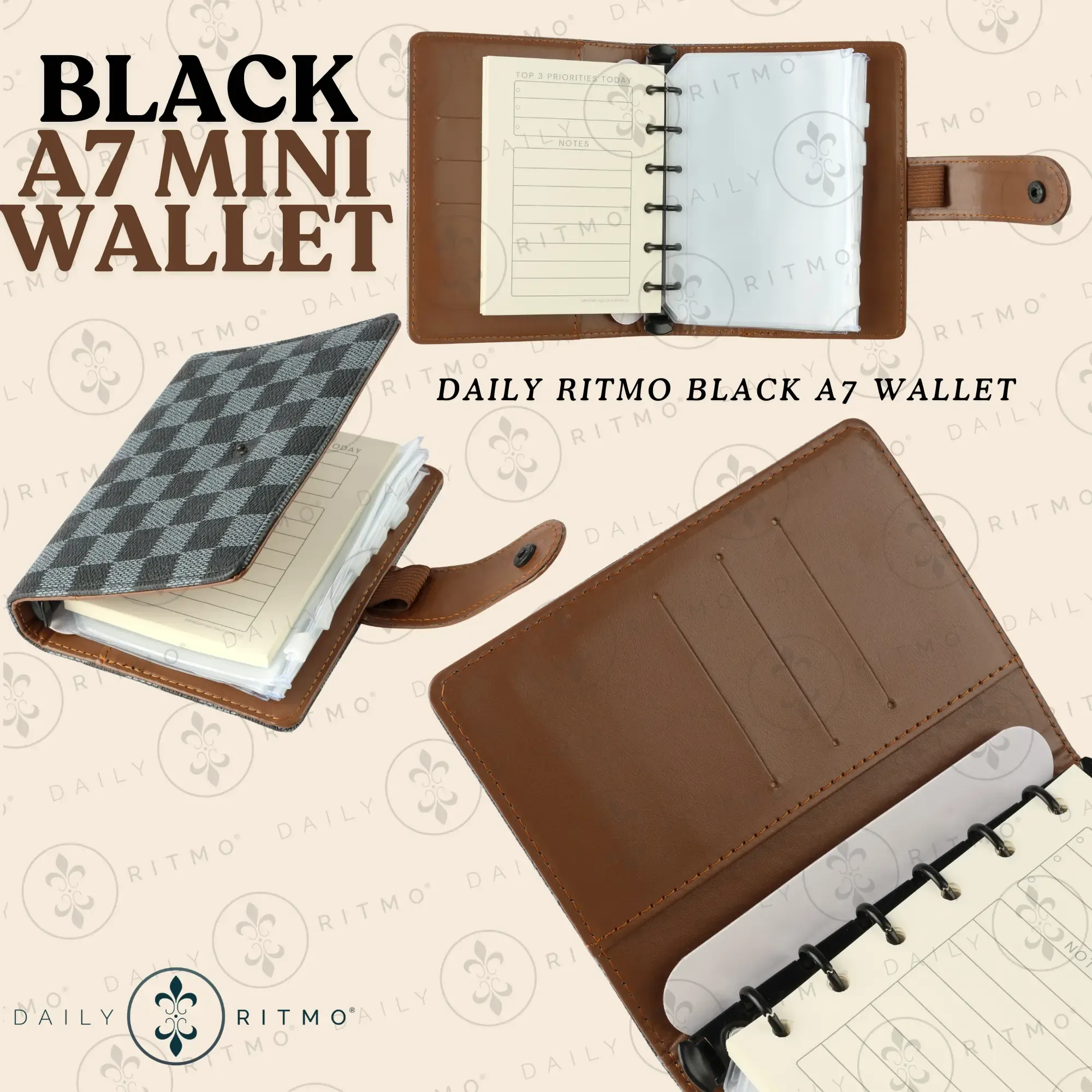 DAILY RITMO Mini Checkered Wallet A7 - Pocket Budget Planner with Money Stuffing Zippered Coin Pouch Envelopes, Wallets For Women, Checkered Adds Flair, Slim 1In Fits In Pockets, Checked Pattern Wallets, Mini Useful Gifts