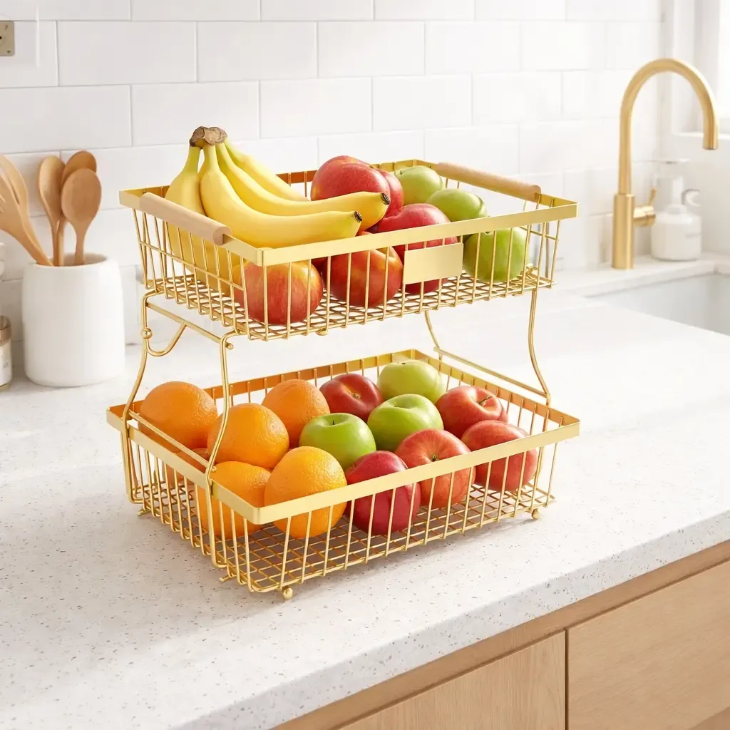 Kitchen Fruit and Vegetable Storage Rack2-Tier Metal Storage Basket with Hooks Fruit Basket for Kitchen Counter, Multifunctional Household Organiser Interior Storage Organizer Storage Rack for Kitchen and Bathroom GLOBAL PICKS