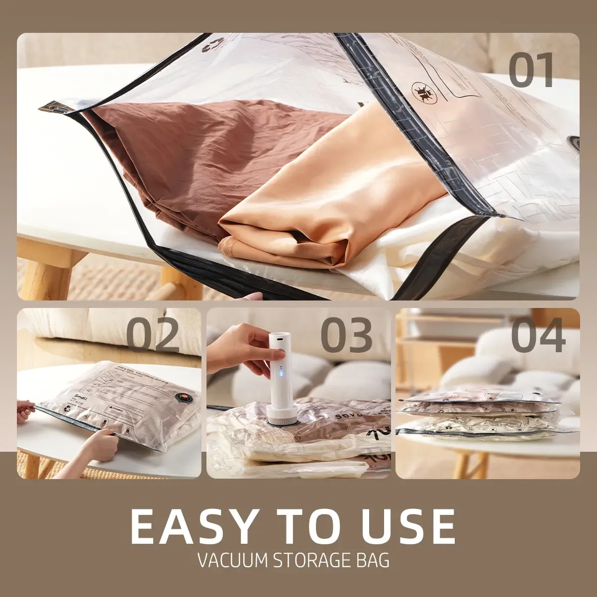 Travel Vacuum Seal Storage Bags with USB Rechargeable Electric Pump - Durable, Lightweight Multi-Sizes Organizer, Compact Space Saver, Grab-and-Go Storage for Garment, Outdoor Camping
