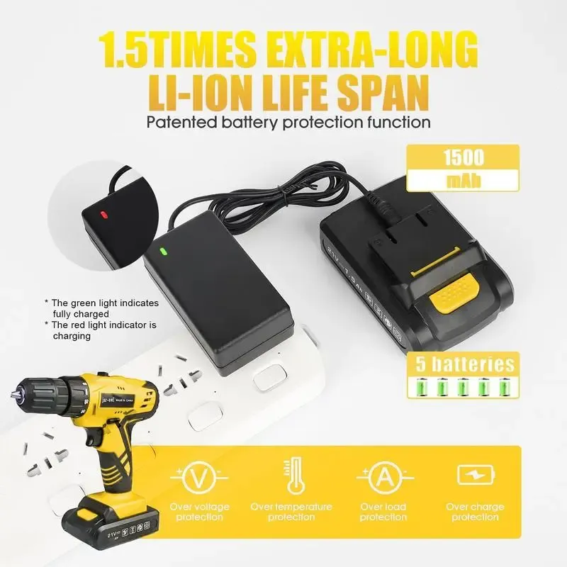 Cordless Drill Tool Set 21V Electric Power Drill with 2×2.0Ah Lithium-Ion Battery and Charger, 2-Speed Portable DIY & Home Toolbox Kit , Holiday gifts