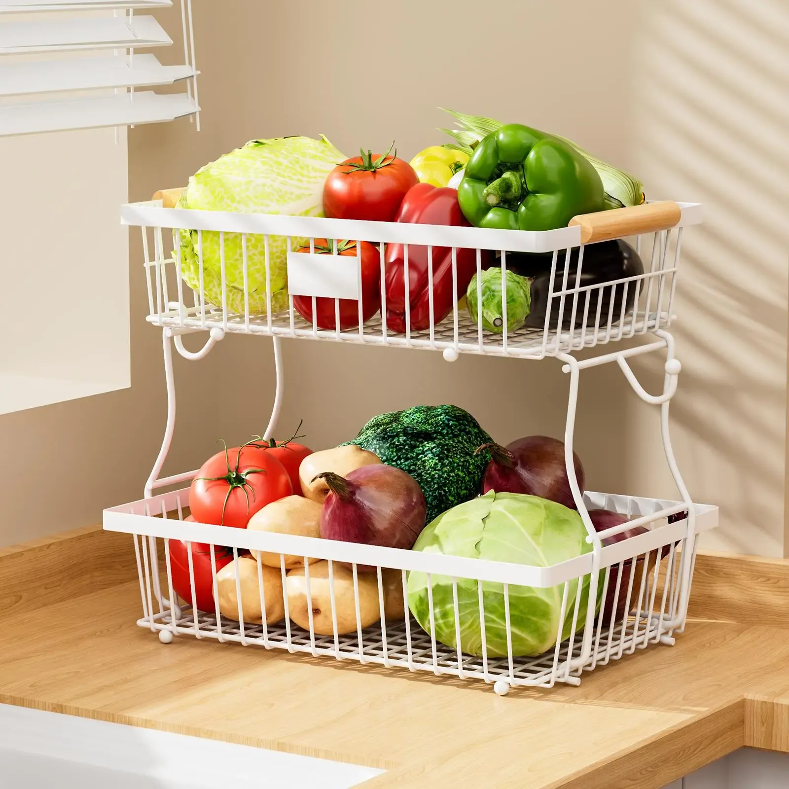 Kitchen Fruit and Vegetable Storage Rack2-Tier Metal Storage Basket with Hooks Fruit Basket for Kitchen Counter, Multifunctional Household Organiser Interior Storage Organizer Storage Rack for Kitchen and Bathroom GLOBAL PICKS