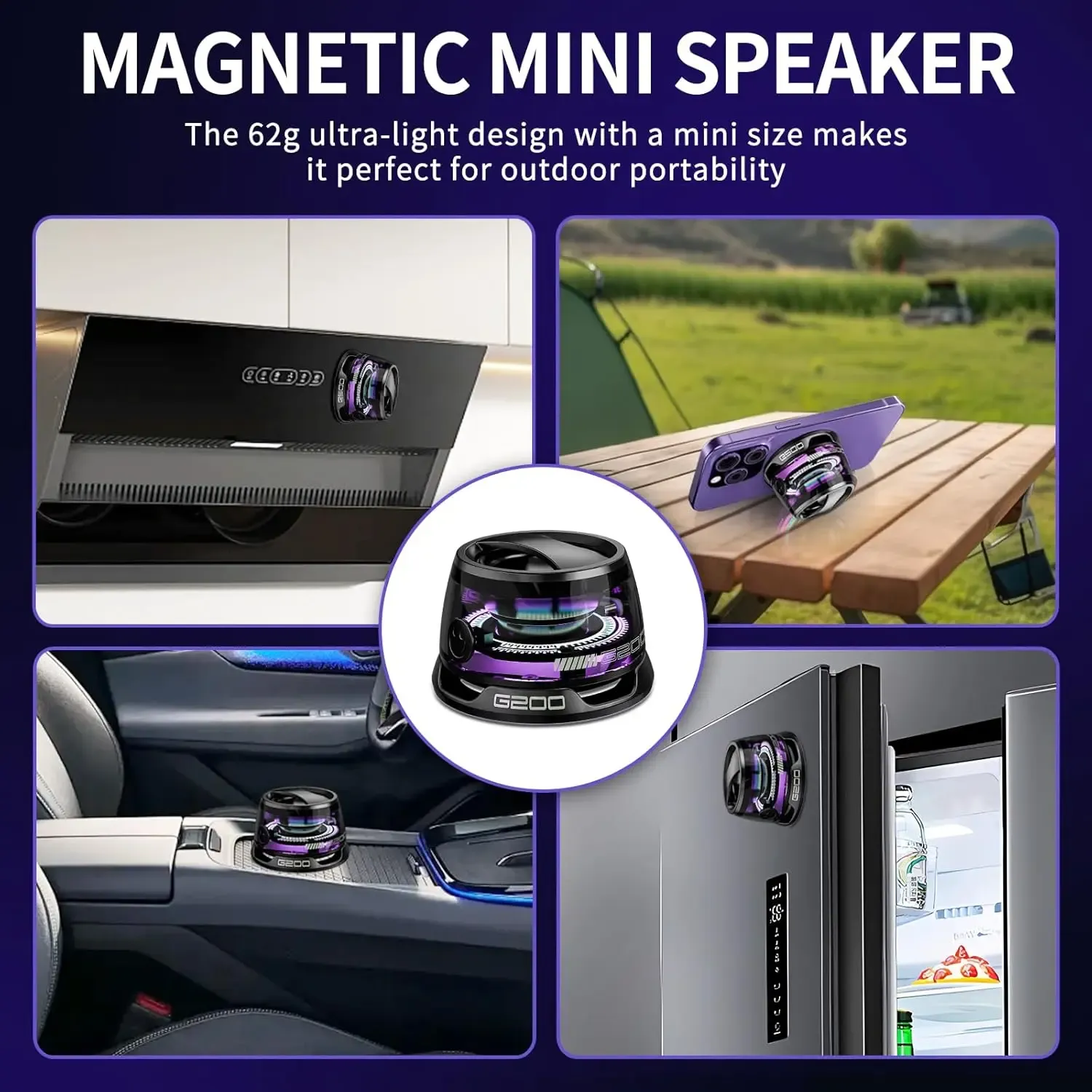 G200 Magnetic Bluetooth Speaker with RGB Light, 40mm Drivers, Bluetooth 5.3,Portable for Travel & C amping Adjustable Sound Volume