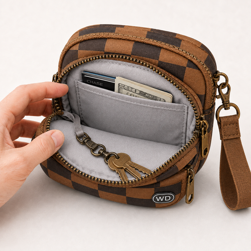 3-in-1 Convertible Mini Purse: Wrist Bag, Waist Belt Bag & Crossbody Bag – Retro Brown Checkered Leather Zip Pouch for Hands-Free Convenience