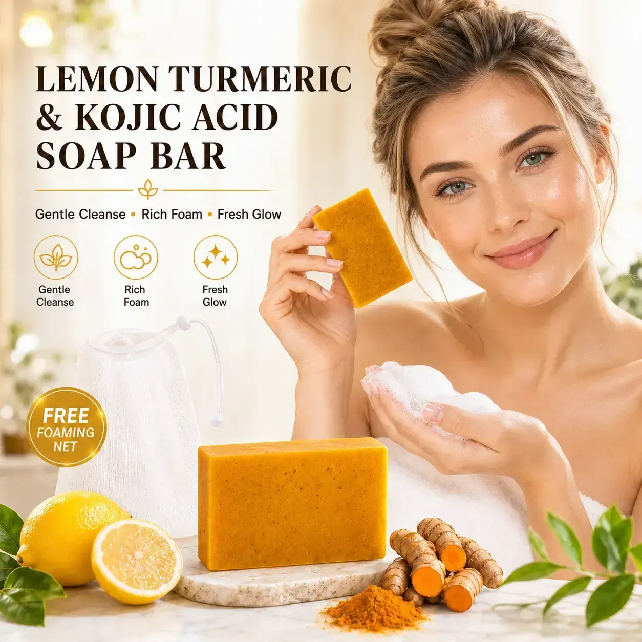 Lemon Turmeric Kojic Acid Soap Bar for Face & Body, Daily Brightening Cleanser for Smoother Radiant Skin, Gentle Citrus Scent for All Skin Types, 100g Bar with Soap Bag, Body Care, Spa At Home