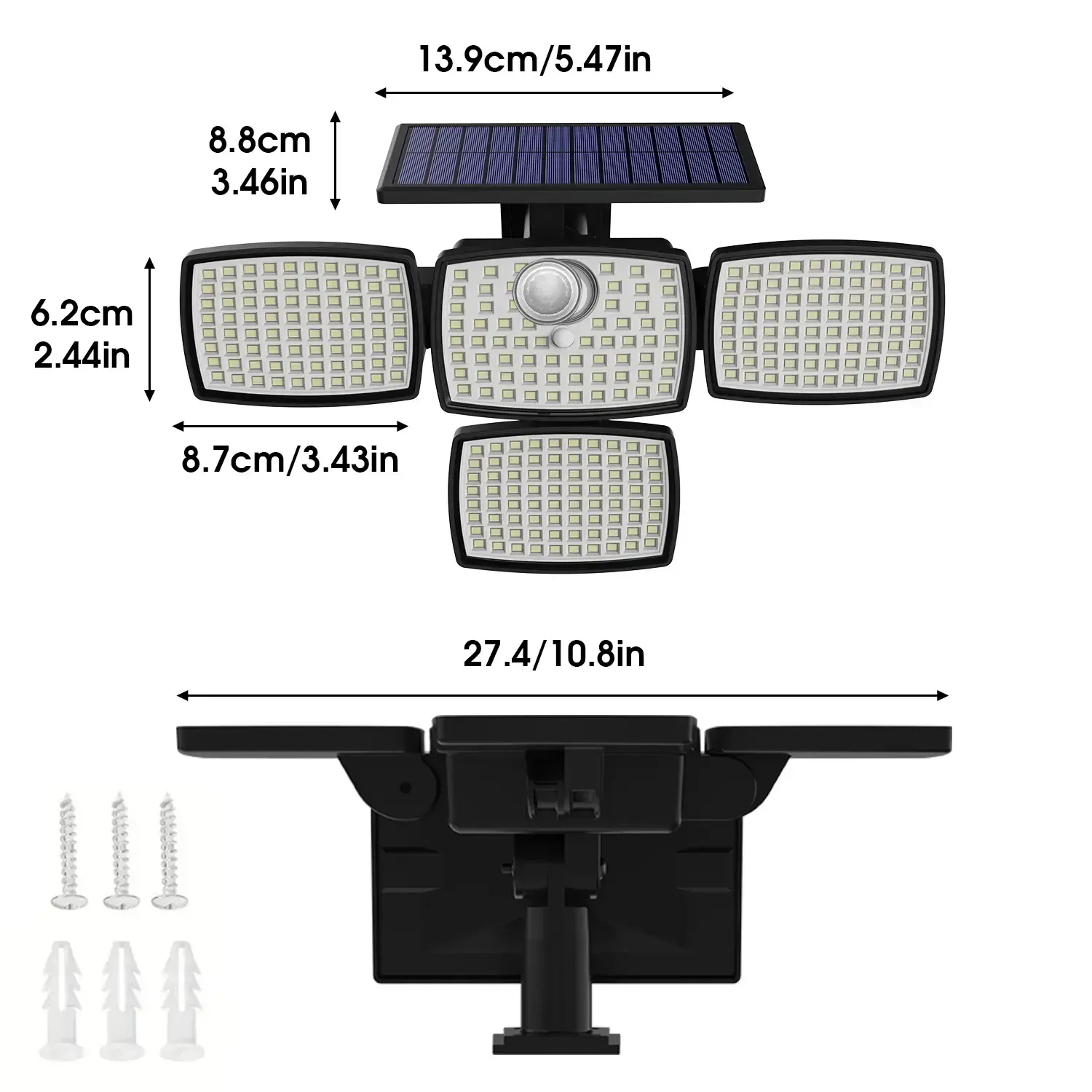 Hoodink Solar Outdoor Lights 4500LM 306LED Security Lights with Remote Control, 4 Heads Motion Sensor Lights, IP65 Waterproof, Easy Install, 270°Wide Angle Flood Wall Light with 3 Modes for Backyard Yard