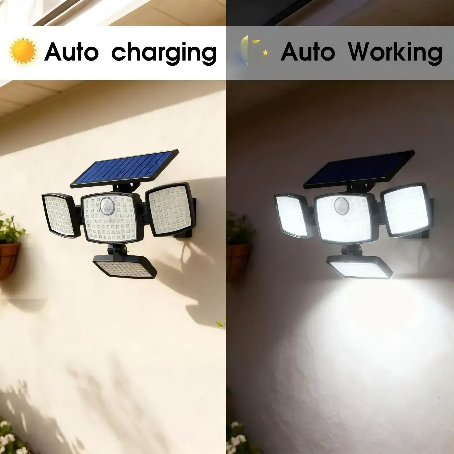 Hoodink Solar Outdoor Lights 4500LM 306LED Security Lights with Remote Control, 4 Heads Motion Sensor Lights, IP65 Waterproof, Easy Install, 270°Wide Angle Flood Wall Light with 3 Modes for Backyard Yard