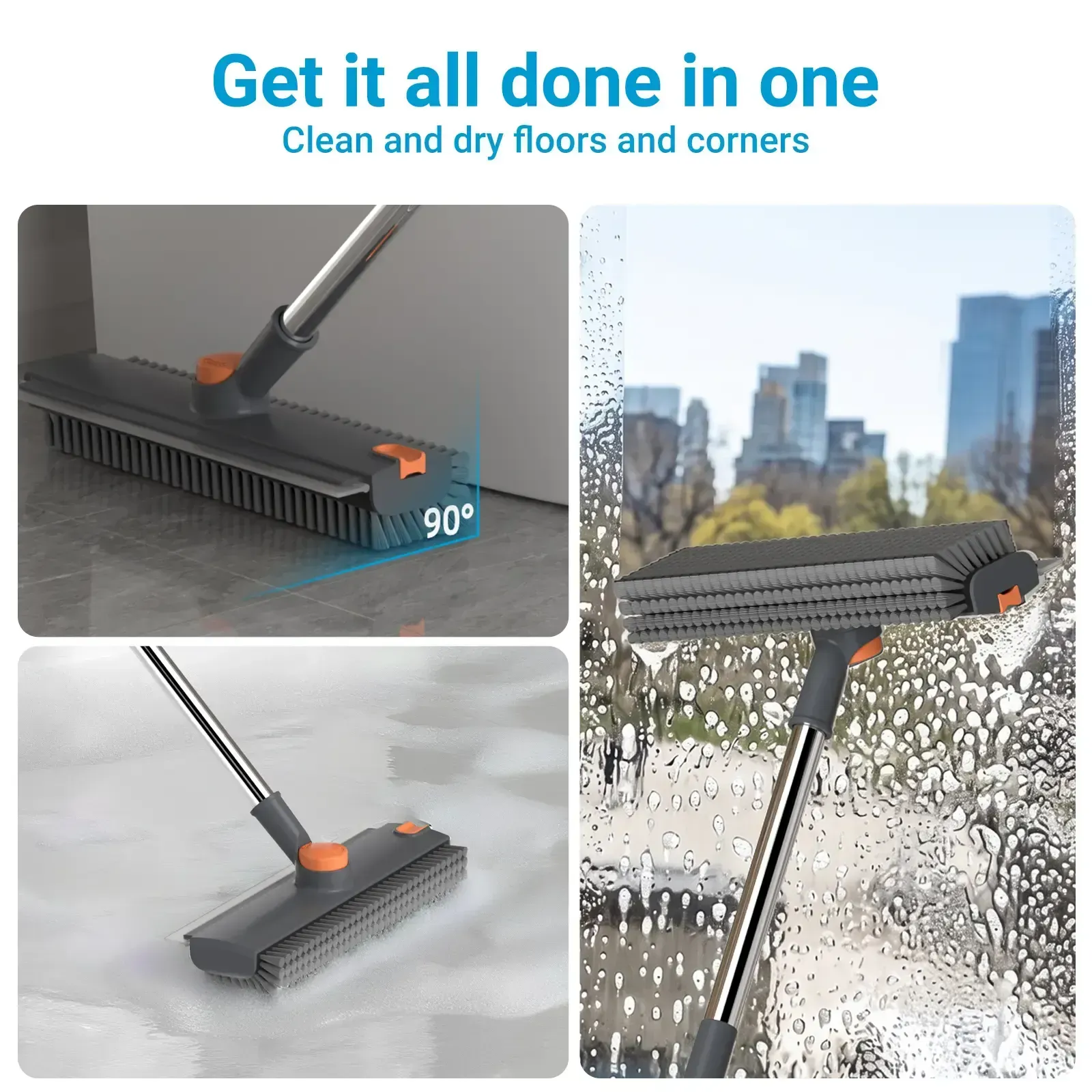 Heavy Duty 4-in-1 Rotatable Long Handle Floor Scrub Brush with Squeegee Blade - Adjustable Stainless Steel Handle, 360° Bristles, Smooth Multi-Surface House Cleaning Tool for Tile, Glass - Home Supplies