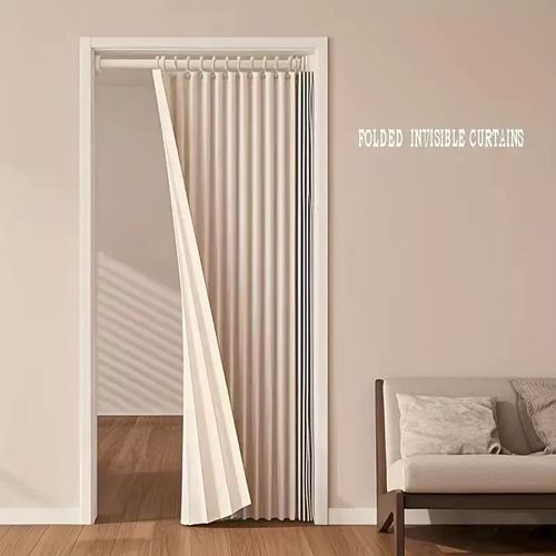 Foldable Pleated Door Curtain 100×200cm, Waterproof Mildew Resistant Imitation Linen Room Divider, Easy Install & Removable Washable Privacy Curtain
