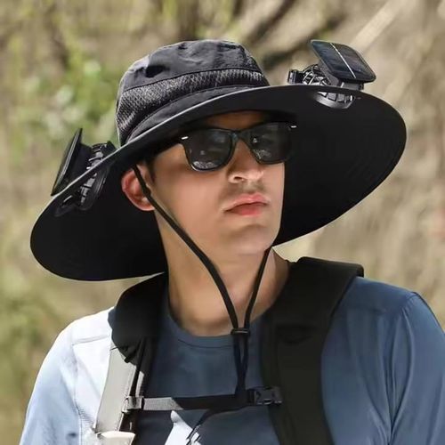 Creative umbrella fan hat with solar cooling fan, wide-brimmed bucket hat, used for fishing, hiking and outdoor sun protection