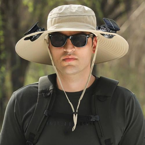 Creative umbrella fan hat with solar cooling fan, wide-brimmed bucket hat, used for fishing, hiking and outdoor sun protection