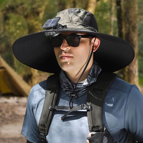 Creative umbrella fan hat with solar cooling fan, wide-brimmed bucket hat, used for fishing, hiking and outdoor sun protection