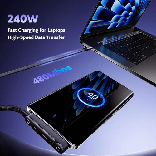 240w Braided Fast Charge Cable with Built-in Phone Stand, 2-in-1 Invisible Holder Charger Cable