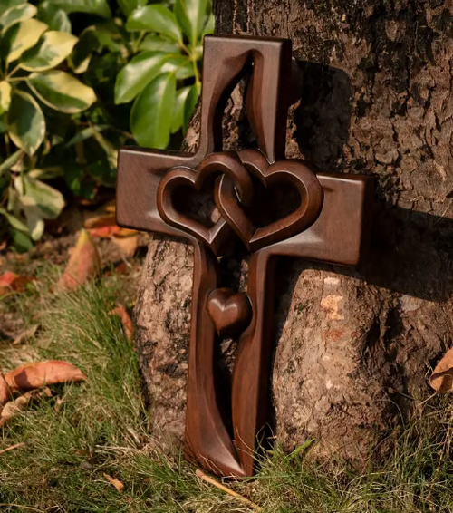 Hand-Carved Intertwined Hearts Wooden Cross