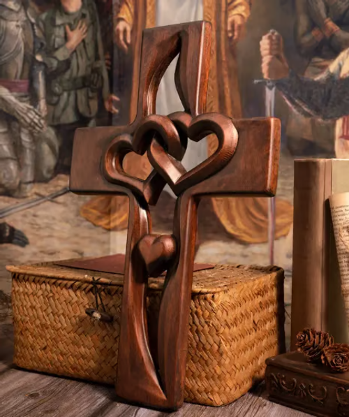 Hand-Carved Intertwined Hearts Wooden Cross