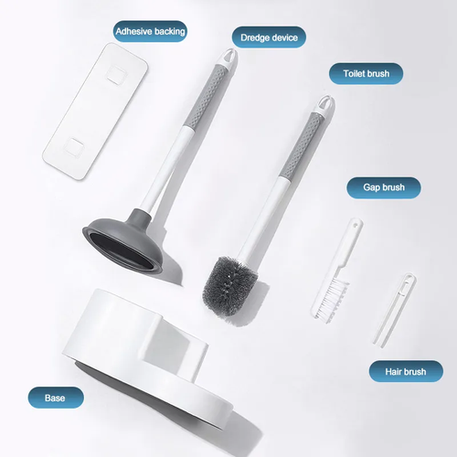 4 in 1 Toilet Brush Set Plunger Drain Wall-mounted Multifunction Cleaning Bathroom with Holder