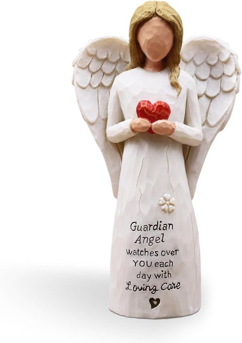 AUKEST guardian angel statue, holding a red heart, angel-themed gift.