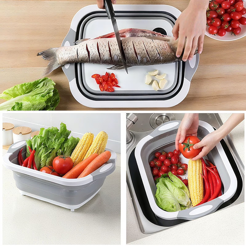 3-in-1 Foldable Cutting Board with Drain Basket, Portable Kitchen Prep Tray