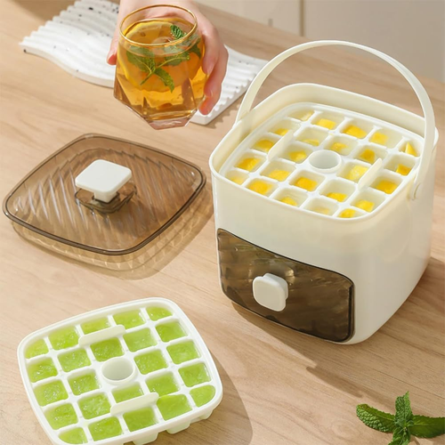 2026 New Handled Press-Type Ice Cube Tray Double-Layer, 48 Cube Large Capacity Ice Maker & Storage Bin Set, Easy Press Release Cube Moulds for Drinks, Cocktails, Parties (White)