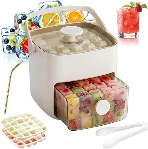 2026 New Handled Press-Type Ice Cube Tray Double-Layer, 48 Cube Large Capacity Ice Maker & Storage Bin Set, Easy Press Release Cube Moulds for Drinks, Cocktails, Parties (White)