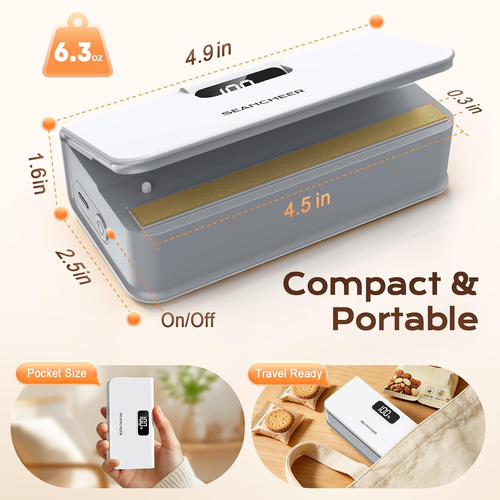 6-Speed Rechargeable Mini Bag Sealer with Magnet & Cutter, Portable Heat Resealer for Plastic Snack & Mylar Bags, Daily Kitchen Storage Gift