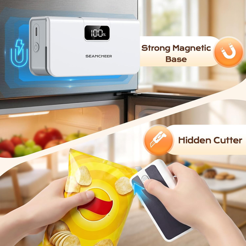 6-Speed Rechargeable Mini Bag Sealer with Magnet & Cutter, Portable Heat Resealer for Plastic Snack & Mylar Bags, Daily Kitchen Storage Gift
