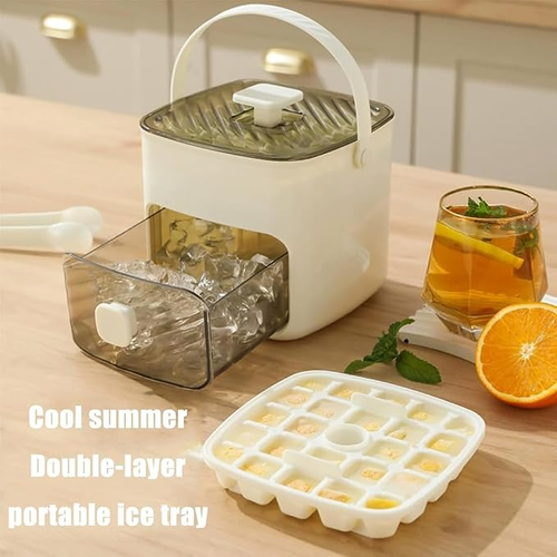 2026 New Handled Press-Type Ice Cube Tray Double-Layer, 48 Cube Large Capacity Ice Maker & Storage Bin Set, Easy Press Release Cube Moulds for Drinks, Cocktails, Parties (White)
