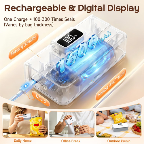 6-Speed Rechargeable Mini Bag Sealer with Magnet & Cutter, Portable Heat Resealer for Plastic Snack & Mylar Bags, Daily Kitchen Storage Gift