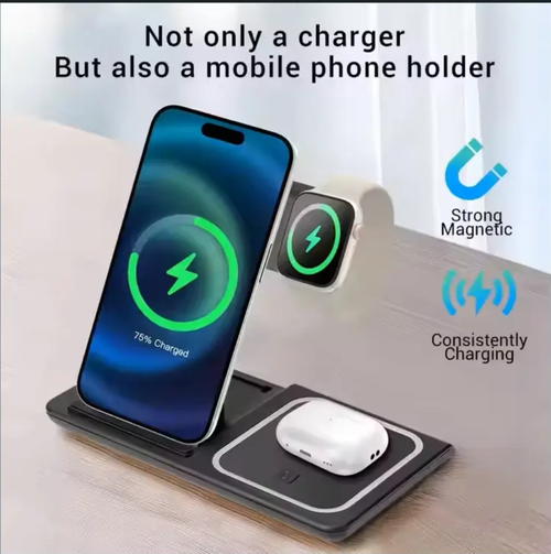 Meu Deus!  Este carregador sem fio três em um é simplesmente incrível.  Basta colocá-lo no chão e ele começa a carregar.  Também pode servir como suporte para telefone.  Quando a luz ambiente está acesa, a vibração tecnológica é instantaneamente elevada.  Ele pode carregar vários dispositivos simultaneamente e o carregamento rápido é super rápido.  É dobrável e portátil, e a luz ambiente é extremamente bonita.  É realmente o polivalente no mundo do carregamento e é incrivelmente poderoso.