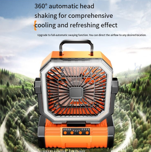 Essencial para acampamento ao ar livre, ventilador de acampamento de dupla finalidade para pendurar ou ficar em pé, com quatro configurações de velocidade + luz LED de alto brilho, giro de 360 ° para circulação de ar, modos duplos para iluminação e atmosfera.  adequado para vários cenários.  Com uma duração de bateria prolongada de até uma semana, ajuda a escapar do calor e iluminar o parque de campismo.  É uma garantia confiável para uma experiência de acampamento confortável.
