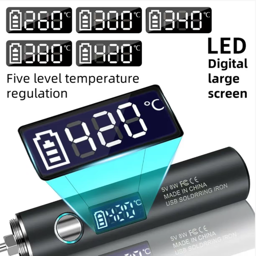 Este ferro de soldar digital sem fio Tipo-C pode ser carregado via USB.  Ele tem uma bateria de 1400mAh que dura 30 minutos.  O display digital oferece cinco configurações de temperatura, variando de 260 a 420 graus Celsius.  Também conta com uma luz LED para auxiliar na solda em cantos escuros.  Ele possui uma função de suspensão automática, tornando-o conveniente para reparos domésticos e solda caseira.  Isso elimina o transtorno de fios emaranhados.