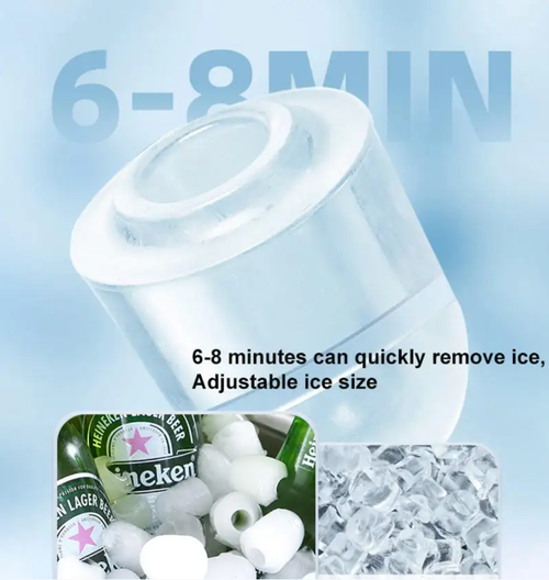 A máquina de gelo essencial para o verão quente, pode produzir gelo em 6-8 minutos e permite que você desfrute livremente de cubos de gelo.  Com limpeza automática com um clique, garante a limpeza e nenhum cheiro desagradável dos cubos de gelo.  O design compacto é adequado para vários cenários, permitindo que você desfrute de bebidas geladas a qualquer momento e se refresque durante todo o verão!