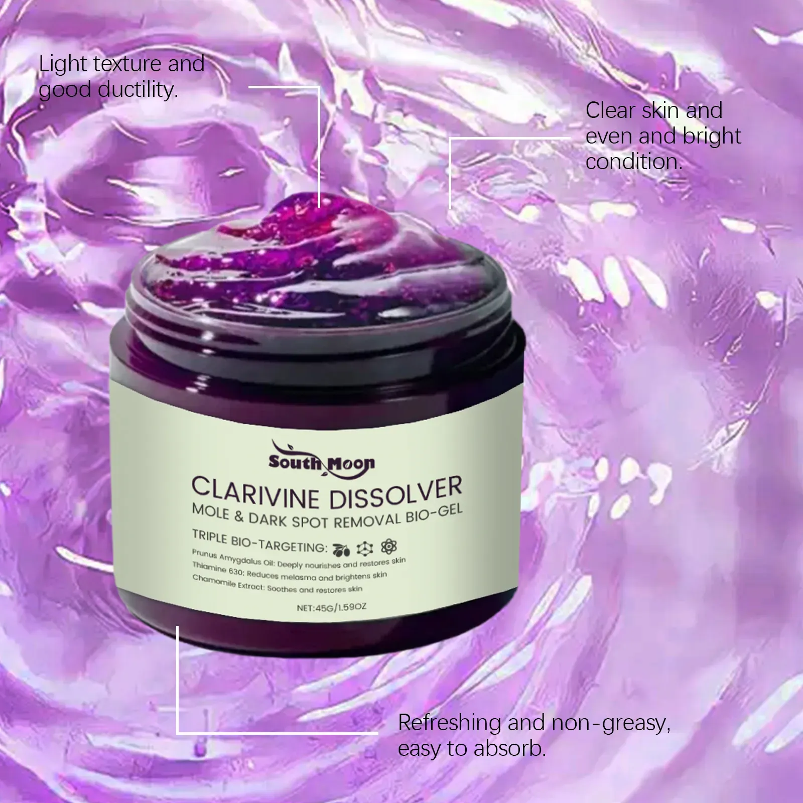 Faça o pedido hoje e você receberá 2 frascos do gel hidratante para remoção de verrugas e para o corpo calmante.  Este é um curso de tratamento.  Você verá o efeito depois de usá-lo.  É composto por óleo de amêndoas, ácido hialurônico e camomila, com múltiplas funções.  A textura é leve e fácil de usar.  É refrescante e não oleosa.  É fácil de limpar e não dá pressão.  A especificação de 45 gramas ajuda a deixar a pele lisa e brilhante.