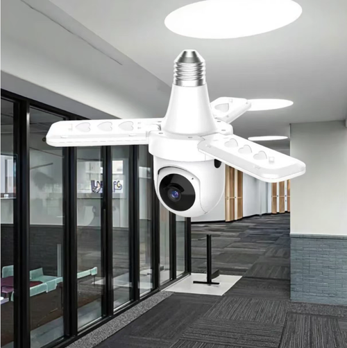 Câmera bulbo estilo ventilador, 1080P full HD + visão noturna colorida, panorâmica de 360° sem pontos cegos.  Comunicação remota de áudio bidirecional.  Iluminação sem fio pronta para uso na instalação.  Também equipado com um ventilador silencioso.  Controle com um clique via aplicativo móvel.  Funções integradas para segurança, iluminação e ventilação.  Escolha esta opção para proteção doméstica inteligente.