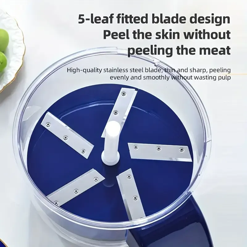 The electric peeler is equipped with a high-speed motor that rotates at 300 revolutions per second. It takes only 3 seconds to peel an apple and 1 minute to peel 5 potatoes. It is 20 times faster than manual peeling. You no longer have to rush before cooking.