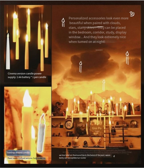 Las velas mágicas que levitan, libres de las restricciones de la gravedad, cuelgan en el aire como las estrellas del gran salón de Hogwarts. A medida que la cálida luz se balan, cada llama de vela esconde los secretos del mundo mágico.