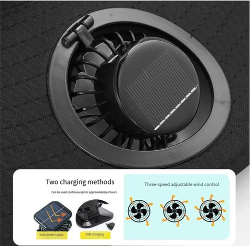 O chapéu de balde solar é respirável e refrescante a 360°, como um pequeno ar condicionado instalado na sua cabeça. Ao contrário dos chapéus de balde comuns, que são quentes e herméticos, este chapéu é feito de tecido respirável com um toque de gelo, fresco e suave para a pele. Sente a frescura assim que o veste. A parte superior do chapéu é ocultada por um painel solar de alta eficiência, que armazena eletricidade automaticamente e seca o cabelo com um secador enquanto houver luz solar.