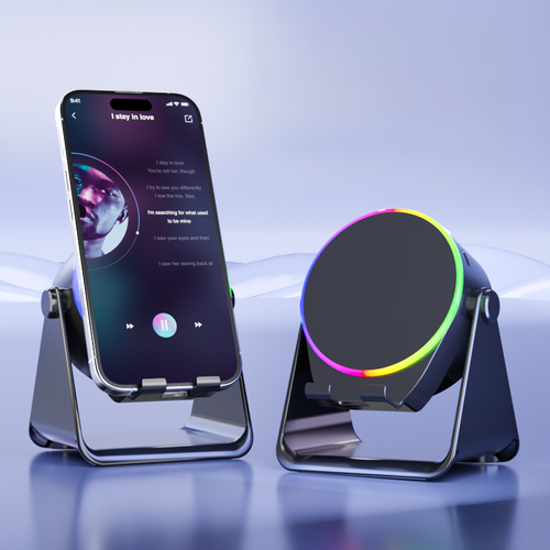 Suporte portátil para celular sem fio com iluminação RGB LED Suporte de indução inteligente Reprodutor de música e alto-falante