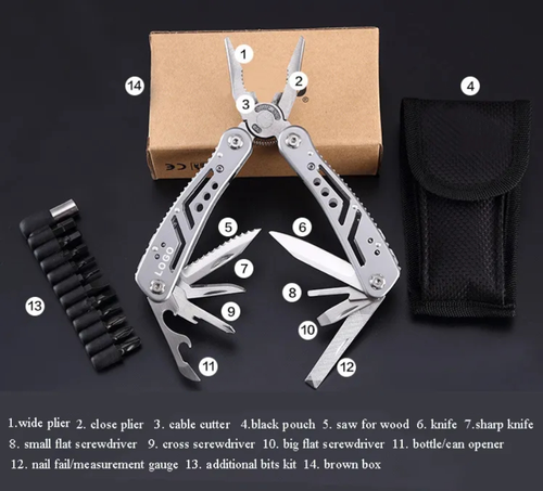 Alicate multifuncional de aço inoxidável, integrando uma variedade de ferramentas práticas em uma, com funções abrangentes e excelente durabilidade.  Seja para manutenção diária, exploração ao ar livre ou situações de emergência, tê-lo em mãos facilita o atendimento de várias demandas.  Com seu pequeno tamanho, possui grande potência e é extremamente prático.