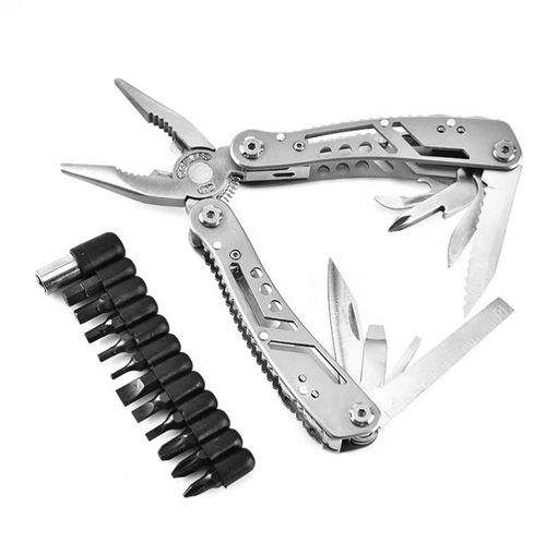 Alicate multifuncional de aço inoxidável, integrando uma variedade de ferramentas práticas em uma, com funções abrangentes e excelente durabilidade.  Seja para manutenção diária, exploração ao ar livre ou situações de emergência, tê-lo em mãos facilita o atendimento de várias demandas.  Com seu pequeno tamanho, possui grande potência e é extremamente prático.