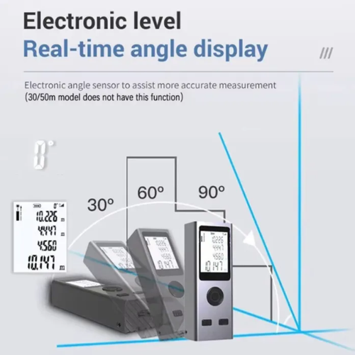 Mini telêmetro a laser, com precisão milimétrica (±1 mm), tamanho compacto e adequado para segurar na palma da mão ou guardar no bolso.  Ele suporta medição automática de ângulo e medição de altura com um clique.  A tela retroiluminada de alta definição fornece leituras claras.  É à prova de suor, resistente à corrosão e durável, tornando-o um especialista em medição de bolso para decoração, engenharia e bricolage.