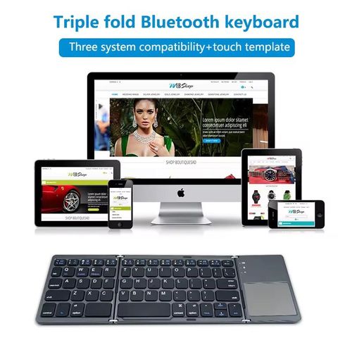 Teclado Bluetooth triplo.  Compacto e portátil, fácil de armazenar.  Quando desdobrado, fornece uma entrada confortável.  Equipado com um touchpad altamente sensível que pode substituir um mouse.  Suporta comutação com um clique de conexões Bluetooth de vários dispositivos.  É um assistente eficiente para trabalho de escritório móvel e entrada em vários cenários.
