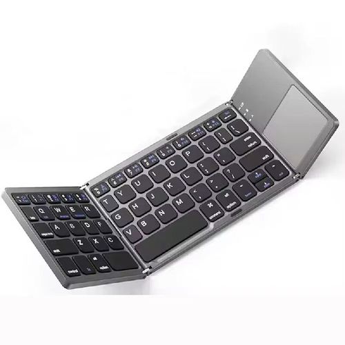 Teclado Bluetooth triplo.  Compacto e portátil, fácil de armazenar.  Quando desdobrado, fornece uma entrada confortável.  Equipado com um touchpad altamente sensível que pode substituir um mouse.  Suporta comutação com um clique de conexões Bluetooth de vários dispositivos.  É um assistente eficiente para trabalho de escritório móvel e entrada em vários cenários.