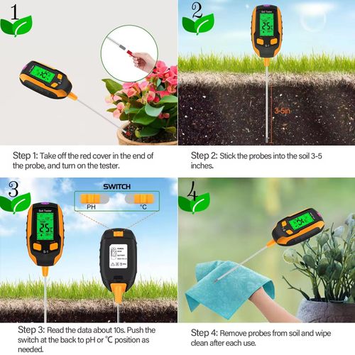O detector de solo quatro em um pode medir luz, umidade, valor de pH e temperatura.  Os dados são claros e intuitivos.  A operação é simples e portátil, adequada para cenários como jardinagem doméstica, cultivo de hortaliças e produção agrícola.  Ajuda a controlar com precisão a condição do solo e é um gerenciador inteligente para o crescimento das plantas e um poderoso assistente para jardinagem e plantio.