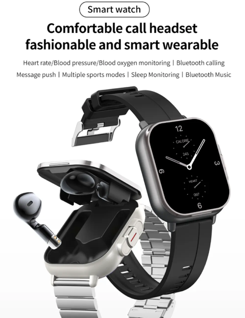 Este conjunto vestível inteligente combina um relógio e fones de ouvido em um.  Está muito na moda e cheio de sofisticação tecnológica.  O relógio possui uma tela grande de alta definição, que pode realizar monitoramento de integridade e fornecer posicionamento de mapa portátil.  Os fones de ouvido oferecem qualidade de som de alta fidelidade.  Abrange vários cenários, como esportes, trabalho e viagens, e é um companheiro versátil que combina estilo e praticidade.