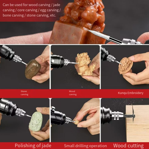 Caneta de gravação elétrica de várias velocidades com bateria de lítio, uma ferramenta tudo-em-um para trabalhos criativos.  Com várias configurações de velocidade, um motor de alto torque de 38.000 rpm fornece potência potente e a alça antiderrapante garante um controle preciso.  É um excelente ajudante para artesãos criativos