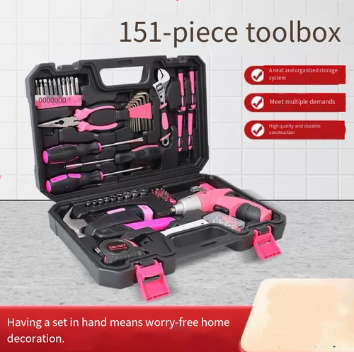Um conjunto de ferramentas domésticas multifuncionais rosa, contendo 151 ferramentas, cobrindo todos os cenários de manutenção doméstica.  A alça antiderrapante rosa proporciona uma pegada confortável e a caixa de ferramentas é bem organizada com uma alta qualidade de aparência.  As ferramentas são resistentes e duráveis, ajudando você a se tornar facilmente um especialista em manutenção doméstica, gerenciando sua casa de maneira elegante e eficiente.